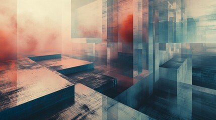 Transparent layers of geometric shapes floating in a surreal 3D space, painting a picture of simplicity and complexity coexisting. - obrazy, fototapety, plakaty