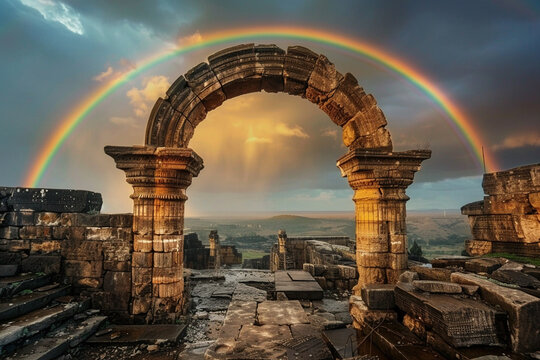 Rainbow framing the remnants of ancient ruins