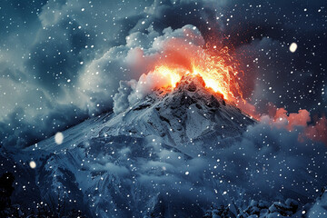Volcano erupting amidst a snowfall - obrazy, fototapety, plakaty