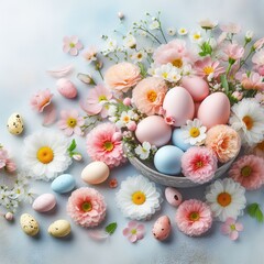 Obraz na płótnie Canvas AI generated A festive Easter background with pastel colored eggs and flowers arranged in a basket ai generative