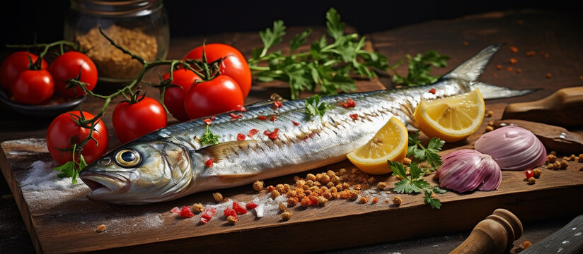 A fish is on a table with a picture of vegetables and fruits. cyanic Feast A Fish Amidst a Bounty of Fresh Vegetables and Fruits