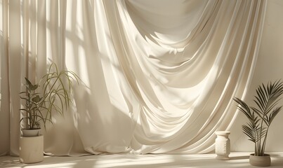 White fabric background and light curtains. Location, frame for shooting in photo studio.