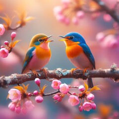 Photo two birds sitting on a branch with pink flowers ai generative