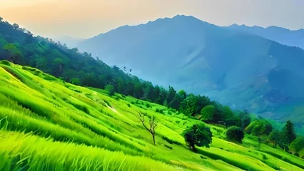 Deurstickers Limoengroen landscape with green grass