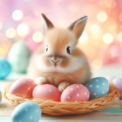 Fototapeta na wymiar A close shot of a cute Easter baby bunny sitting in a nest of colored eggs on a pastel background. High-resolution. AI Generative Pro Photo