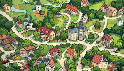 Obraz premium Cartoon map of small town and countryside