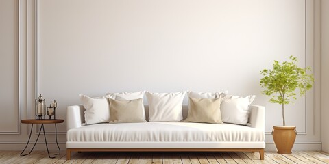 A residential home's living room has a white sofa and cushions.