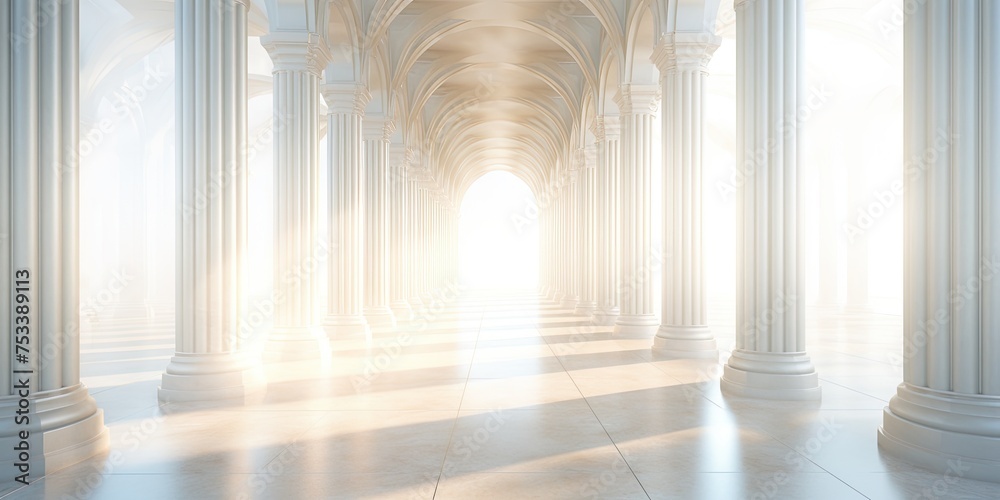 Wall mural Sunlight filters through columns in a lengthy, white corridor.