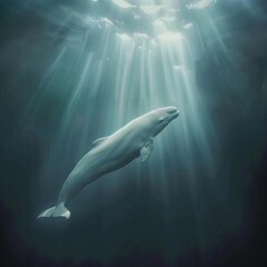 Beluga whale underwater with sun rays