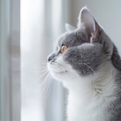 Grey and white cat looking out the window