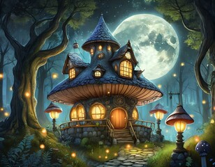 森の中の二階建てのキノコの家と満月