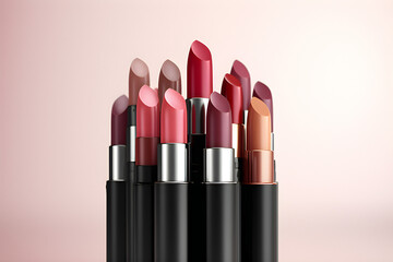 Obraz premium 3D illustration, Luxury red, beige and pink lipsticks on light background. Cosmetic branding, glamour lip gloss and shopping sale concept , generated by AI. 3D illustration