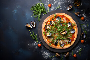 Traditional Italian pizza frutti di mare with king prawns,  mussels served as close-up on a board, generated by AI. 3D illustration