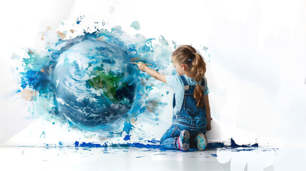 girl painting planet earth on white wall