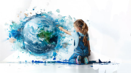 girl painting planet earth on white wall