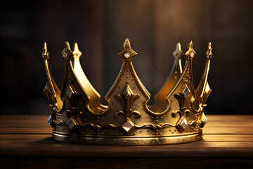 Golden crowns for king or queen, crowning headdress for Monarch. Royal gold monarchy medieval emperor coronation symbol, generated by AI. 3D illustration