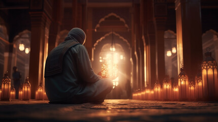 Muslim man praying in the mosque. Religious muslim man praying inside the mosque. muslim man praying Allah alone inside the mosque and reading islamic holly book
