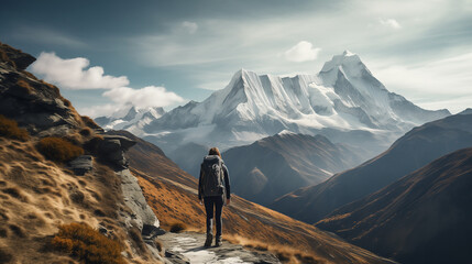 Successful people person backpacker hiking. backpacker hiking in summer high altitude mountains. people walks in mountains at sunset with backpacks. - obrazy, fototapety, plakaty