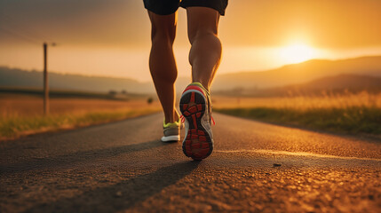 Sports background. Runner feet running on road closeup on shoe. Close up of women's legs running on...