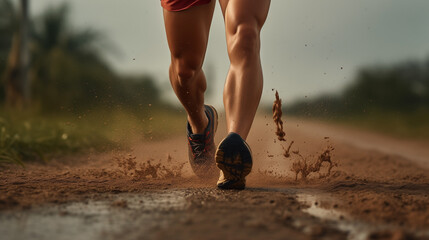 water splashes from under its running shoes men athlete running marathon. Trail running athlete...