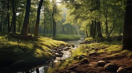 Papier Peint photo Gris 2 Trees and fresh grass in sun light, beauty of spring nature, green forest landscape with water stream. Sunny spring time scenery around at early spring time. Spring time creek through woods.