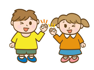 OKサインを出してウインクする男の子と女の子の全身イラスト_小学生低学年_幼児