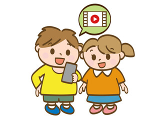 仲良くスマホの動画を見る男の子と女の子の全身イラスト_小学生低学年_幼児