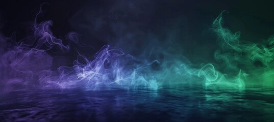 Graceful purple, blue and green smog ascends from a black background, weaving an enchanting, elegant scene with airy, ethereal allure and subtle mystique. - obrazy, fototapety, plakaty