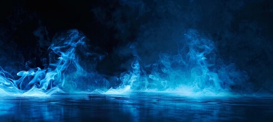 Graceful blue smog ascends from a black background, weaving an enchanting, elegant scene with airy, ethereal allure and subtle mystique.