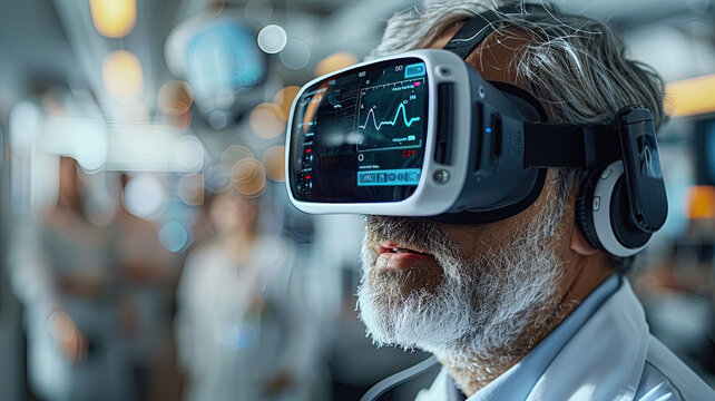 Senior doctor with VR headset in a high-tech office environment with blurred and bokeh background