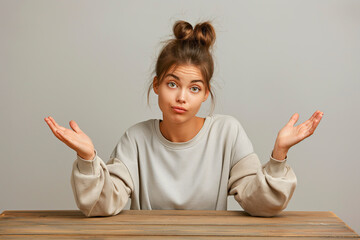 Young caucasian unsure woman sitting at a table shrugs saying that she can't help you. Beautiful brunette woman making a gesture to the camera which means I don't know. Grey studio background.