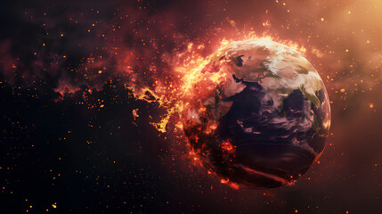 Digital art of Earth surrounded by intense flames and billowing smoke, symbolizing environmental disaster or apocalypse.
