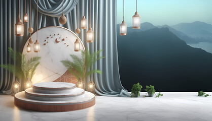 3D podium mockup with Islamic theme for advertising, brochures, social media, templets, AI generated.