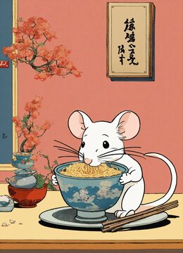 A cute white mouse eating a delicious bowl of ramen, illustration by Hergé, stunning color scheme, masterpiece, manga style