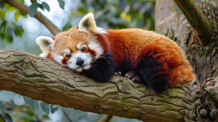 A fluffy red panda is relaxing on a tree.