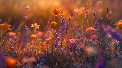 A patch of colorful wildflowers petals glowing as if lit from within by the last rays of the sun stems swaying in the gentle breeze. - obrazy, fototapety, plakaty