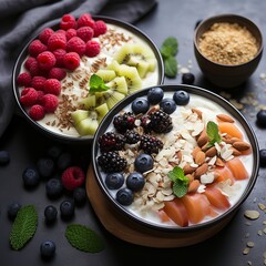 Healthy breakfast with a bowl of granola yogurt and fresh berries.