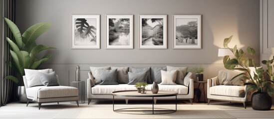 Modern flat interior in gray color with furniture plants and gallery wall template showcasing 8 frames for poster display - obrazy, fototapety, plakaty