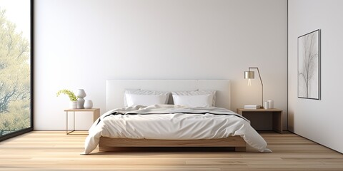 Minimalistic advertisement showcasing contemporary bedroom interior with a double bed, white bedding, lamp, wooden flooring, empty white wall, and large window with curtains.