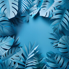 A Serene Collection of Tropical Leaves and Foliage in Hues of Blue with a Spacious Background