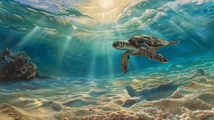 Rays of sunlight pierce through the crystalclear water illuminating a lone sea turtle as it hovers gracefully above the sandy seabed. In this peaceful haven there is no noise - obrazy, fototapety, plakaty