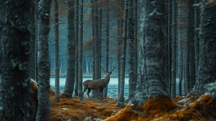  a deer among the trees, forest lake