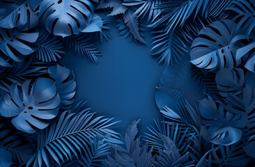 Fototapeta na wymiar A Serene Collection of Tropical Leaves and Foliage in Hues of Blue with a Spacious Background