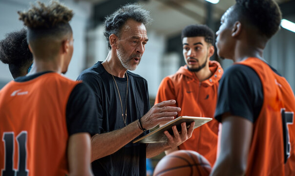 coach showing digital tablet discussing tactic with basketball men player team. - Powered by Adobe