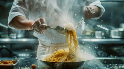 Chef cooking spaghetti in the kitchenvertising image,professional photography.