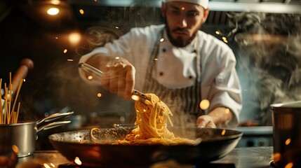 Chef cooking spaghetti in the kitchenvertising image,professional photography.