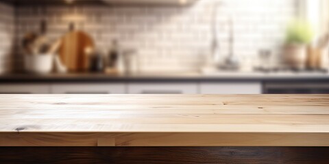 Blurred kitchen counter with empty table space