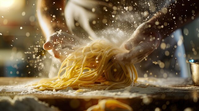 Chef cooking spaghetti in the kitchenvertising image,professional photography.