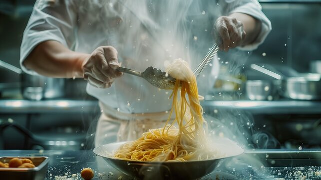 Chef cooking spaghetti in the kitchenvertising image,professional photography.