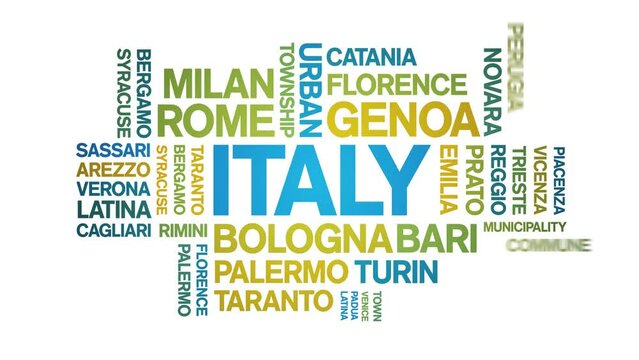 italy animated word cloud;text design animation tag kinetic typography seamless loop.